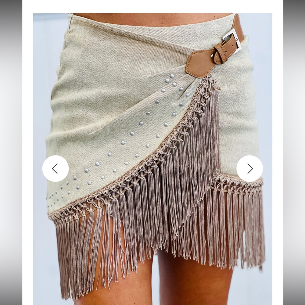 NWT blue b Fringe Denim Washed Camel skirt